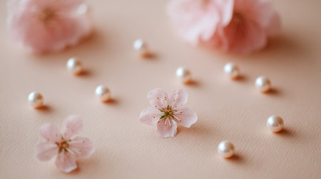 Bright and airy composition features scattered pearls and soft pink petals on a smooth blank surface, providing a calm backdrop for text.の素材