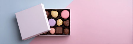 Half-opened chocolate gift box reveals a variety of sweets surrounded by soft pastel colors, perfect for celebrations or gifting.の素材