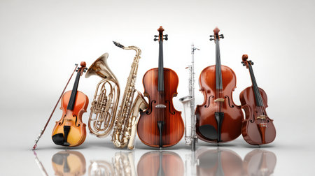 A detailed illustration depicts various musical instruments including a saxophone, tuba, violin, and flute, emphasizing the theme of music.の素材