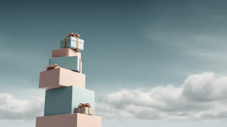 Bright pastel gift tower stands leaning playfully, creating a festive scene with a clear sky in the background, perfect for a sales banner.の素材