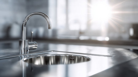 Sunlight streams into a kitchen with a shiny countertop reflecting a blurred sink faucet, creating a clean and inviting atmosphere.の素材