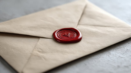 A crafted envelope featuring a red heart wax seal sits on a smooth surface, revealing a blank card for personal messages of affection and care.の素材