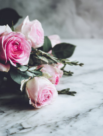 Beautifully arranged luxury roses on a clean marble table create a serene and elegant atmosphere for premium photography.の素材