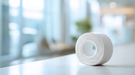 A roll of sports tape is placed on a clean white surface in an orthopedic clinic, with a soft blur of the clinics interior in the background.の素材