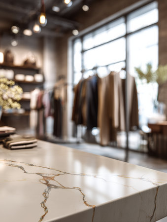 A light marble table presents an elegant mockup area within a blurred luxury store, showcasing a modern retail environment.の素材