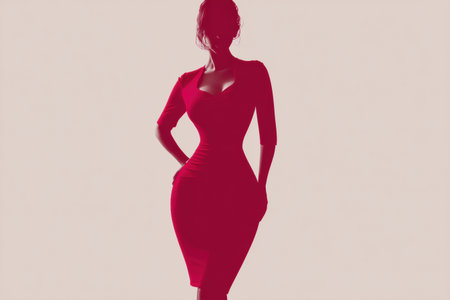 A figure stands confidently in a form-fitting red dress, highlighting issues related to body shape and the fashion industry.の素材