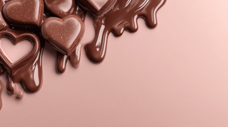 Enjoy the sight of glossy chocolate hearts with syrup drizzling down, perfect for sweet messages or celebrations, set on a soft pink background.の素材