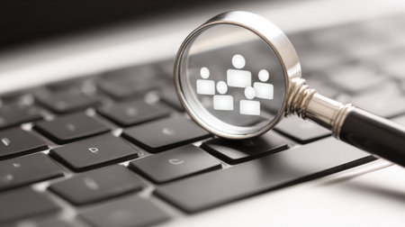 A magnifying glass is placed over a person icon on a laptop keyboard, representing the focus on workforce analysis and talent search.の素材