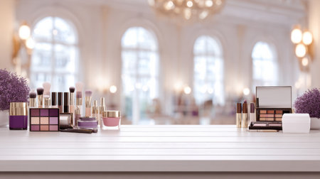 Brightly lit room features a white podium with various makeup accessories on display, creating an alluring atmosphere for beauty enthusiasts.の素材