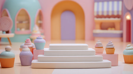 A beautiful scene showcases a clean white podium surrounded by pastel-colored cupcakes in a bakery filled with charm and sweetness.の素材