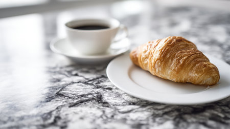 A croissant rests on a white plate next to a steaming cup of coffee on a clean marble surface, creating a minimal breakfast setting.の素材