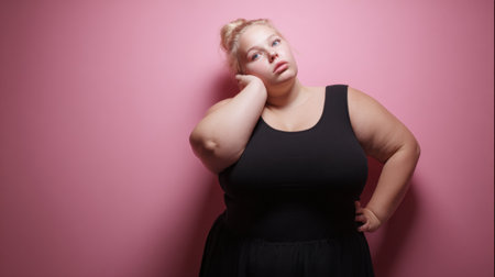A plus size model stands against a pink wall, pondering her weight loss goals while showing confidence in her black attire.の素材