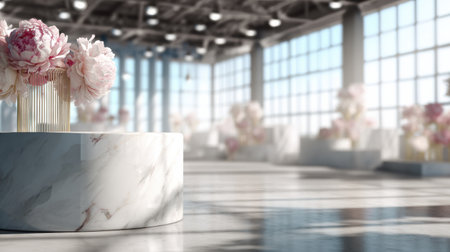 Bright daylight pours into a spacious area adorned with floral decorations on marble podiums, celebrating Womens Day in a serene atmosphere.の素材