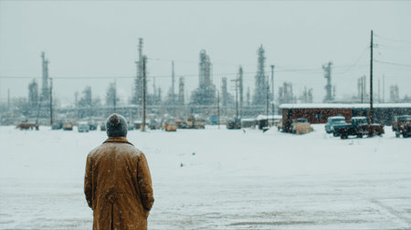 Worker dressed for winter stands in snow while gazing at industrial site with machinery and structures in a cold setting.の素材