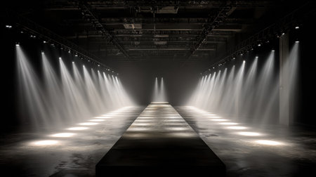 Glamorous lights illuminate an empty runway in a high-end boutique setting, creating a dramatic and sophisticated ambiance for fashion events.の素材