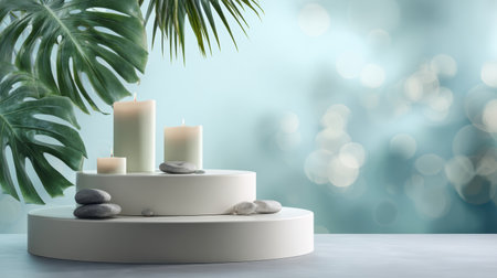 A minimal aesthetic scene featuring a white podium adorned with candles and stones, surrounded by soft tropical leaves and a blurred spa backdrop.の素材