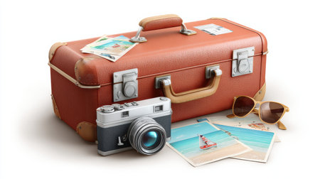 A vintage suitcase, camera, sunglasses, and travel photos symbolize the adventures of summer vacation and holiday travel experiences.の素材
