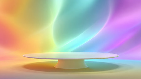 A shiny podium stands out against a soft rainbow holographic background, perfect for vibrant presentations.の素材