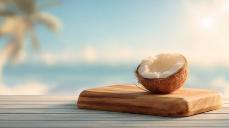 A wooden podium holds a fresh coconut, inviting onlookers to enjoy its refreshing water on a bright and calm tropical beach.の素材
