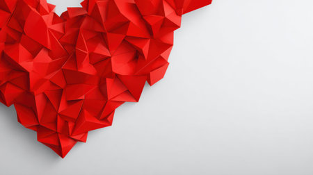 Geometric red shapes form an artistic heart zone against a clean background, providing a modern look with space for ad content.の素材