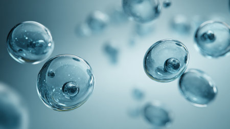 Bubbles float freely in a dreamy background, reflecting light and giving a mesmerizing visual effect with a soft central glow.の素材