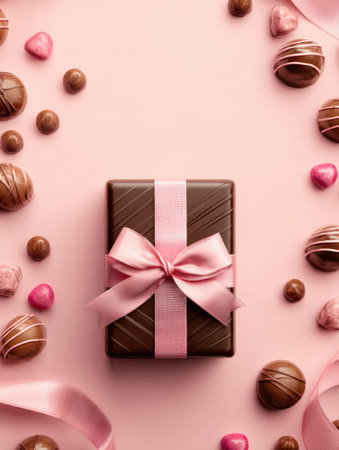 Gift box in the center with a pink ribbon surrounded by various chocolate candies on a soft pastel background ideal for promotionsの素材