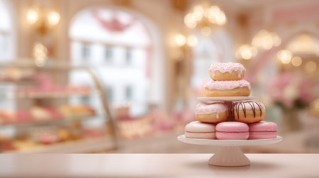 A charming tower of colorful donuts sits on a pedestal in a pastel bakery, inviting customers to enjoy sweets in a cozy atmosphere.の素材