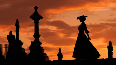 A silhouette stands in a cemetery at sunset, prompting thoughts on life, loss, and the significance of preparing for funeral expenses.の素材