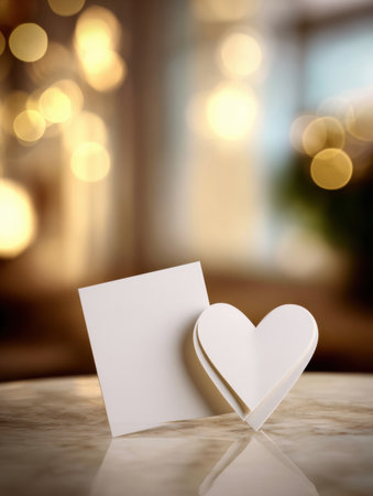 A white card and heart sit on a table surrounded by soft, blurred heart shapes in the background creating a romantic atmosphere.の素材