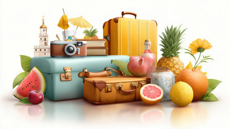Colorful travel bags and fruits are arranged with a camera, symbolizing the excitement of summer vacations, exploration, and relaxation.の素材