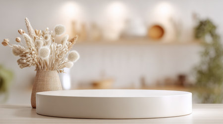 Bright and airy Scandinavian space featuring a matte white podium, perfect for showcasing elegant home decor in a warm and inviting setting.の素材