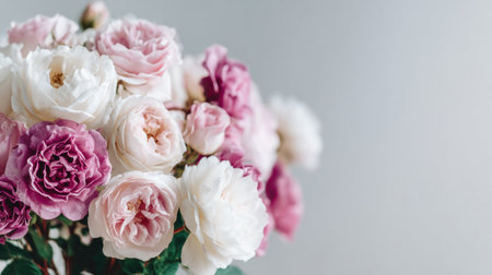 Softly blurred edges of a lovely bouquet featuring pink and white roses create a romantic atmosphere perfect for special moments.の素材