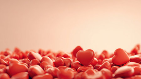 Glossy red hearts are gathered at the bottom with a pastel area above, perfect for titles or messages. Soft lighting enhances the scene.の素材