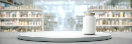 Central empty area showcases a clinical vitamin product on a sterile white table with a soft medical background.の素材