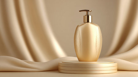 A luxury beauty podium features a smooth, glossy bottle set on soft beige silk fabric, illuminated by warm, minimal light for perfect presentation.の素材