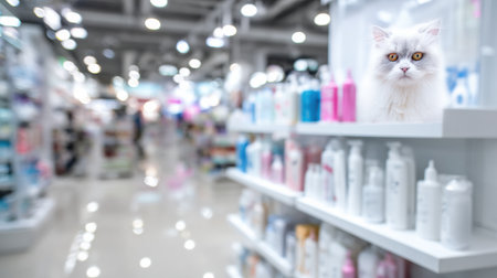 A display of clean pet care products is set up in a veterinary clinic, with a cat peering from the shelves.の素材