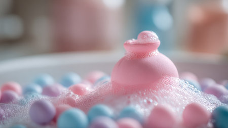 A gentle light illuminates a baby shampoo podium adorned with colorful bubbles in a softly blurred bathtub environment, focusing on the product.の素材