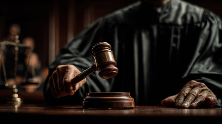 A judge raises a gavel above a wooden block to signal the start of proceedings in a busy courtroom environment.の素材