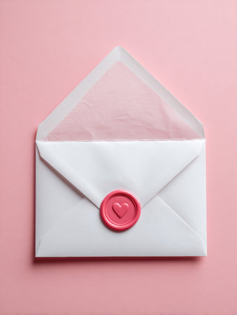 An open envelope reveals an empty letter inside, accompanied by a heart sticker seal, set against a soft pastel pink background.の素材