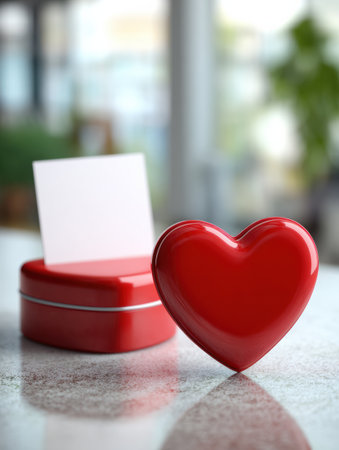 A blank greeting card sits next to a bright red heart-shaped chocolate box, both resting on a shiny surface in a softly lit environment.の素材