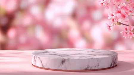 A rose marble podium sits in soft light with a blurred pink floral backdrop, perfect for showcasing cosmetic products in a feminine setting.の素材