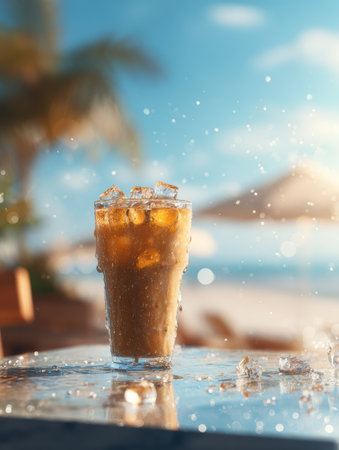 Refreshing iced coffee sits on a wet table, reflecting sunlight with a blurred beach background, perfect for a summer day.の素材