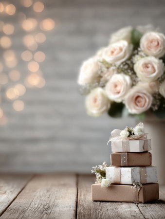 Delicate gift boxes tied with ribbons rest on a wooden table, with a soft rose bouquet blurred in the background, perfect for celebrations.の素材