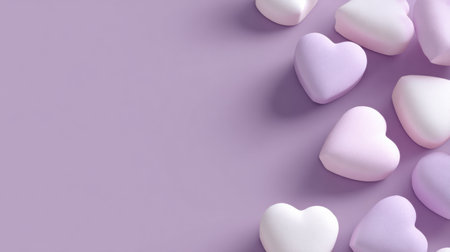 Soft marshmallow hearts in various shades of lavender float on a smooth background, leaving space for text on the left side.の素材