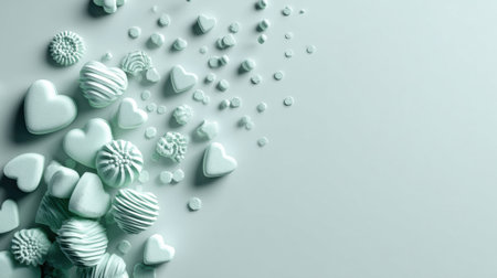 Mint green background with scattered pastel hearts creates a cute, festive look perfect for Valentineの素材