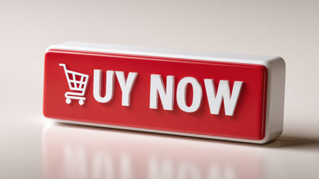 A bright red buy now button with a shopping cart icon stands out against a white backdrop, inviting users to make quick purchases online.の素材