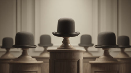 Black hats rest on wooden podiums in a boutique, showcasing unique designs and craftsmanship in a stylish, minimalist environment.の素材