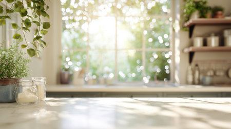 Clean white kitchen counter bathed in warm light, showcasing vibrant plants, inviting space for product arrangement and organization.の素材