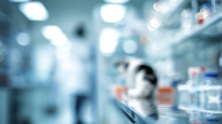 A veterinary medicine setting shows a blurred lab background and a clean sterile surface with a cat in focus.の素材