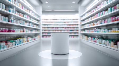 Brightly lit pharmacy showcasing a central white podium surrounded by blurred shelves filled with various health products.の素材